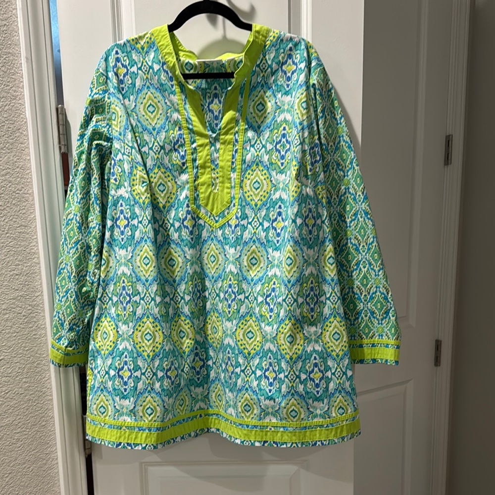 Belle by Kim Gravel Bellisama by Kim Gravel ribbon Aqua and Lime Geometric Tunic